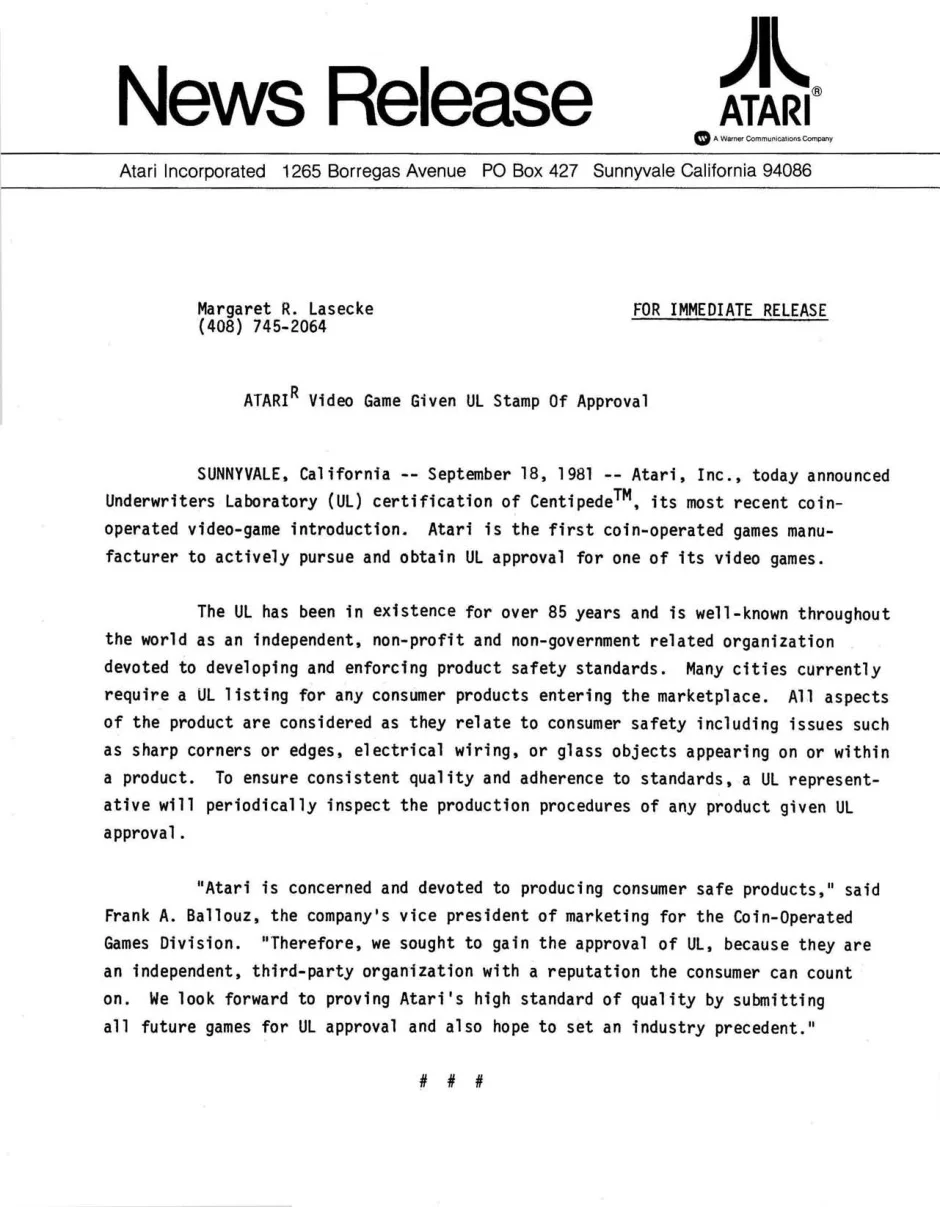 centipede receives ul approval service bulletin|atari|games|.webp