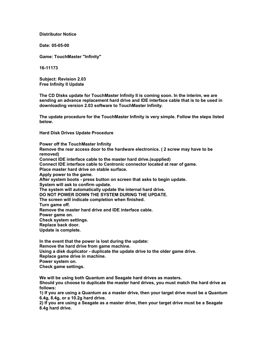distributor notice touch master infinity manual|bally-midway|games|.webp