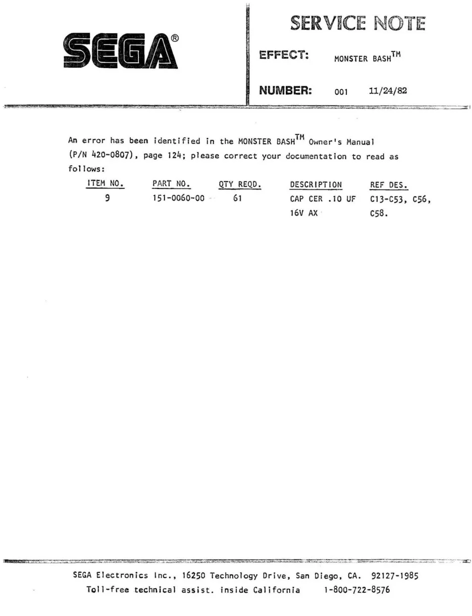 monster bash 11 service manual|sega|parts-and-peripherals|.webp