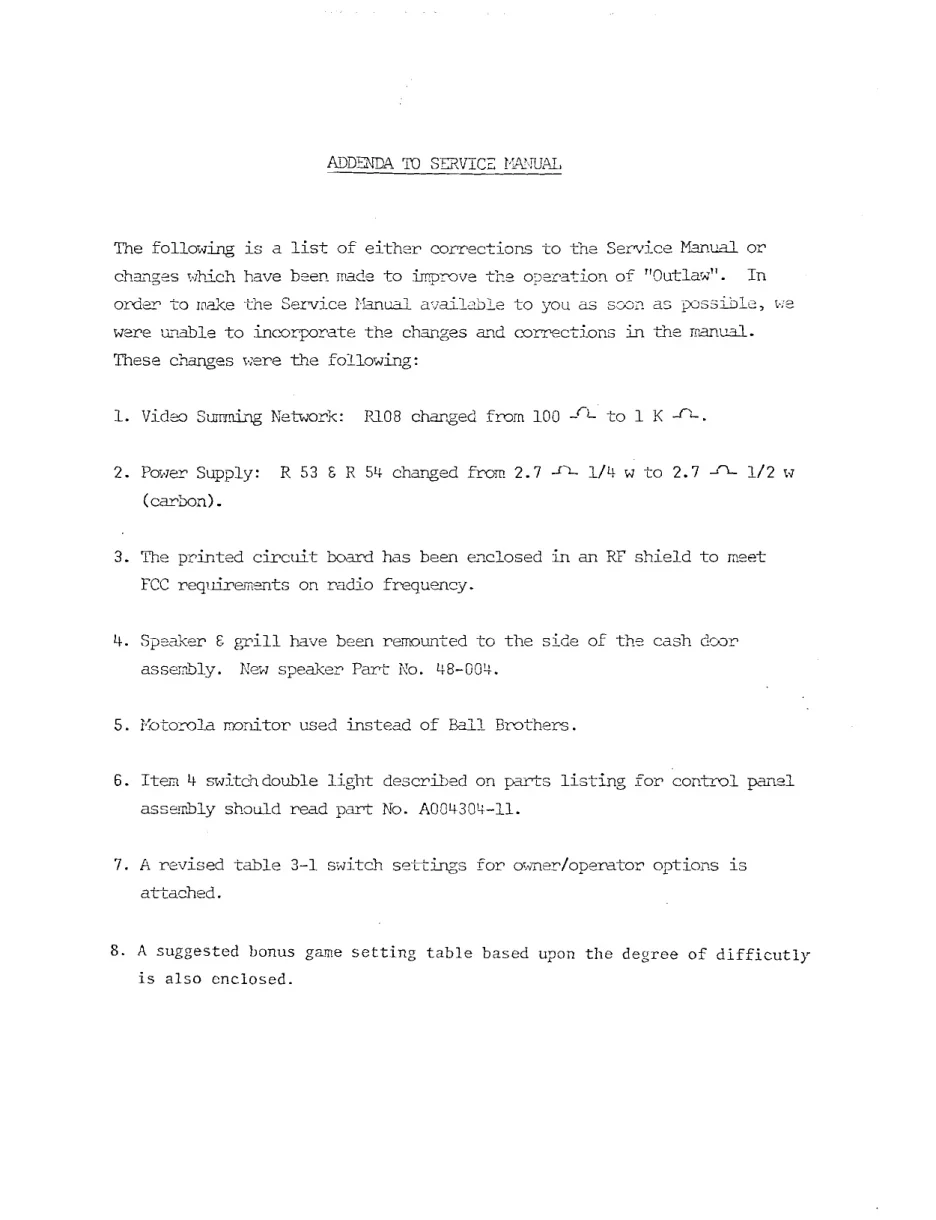 outlaw tm-040 addenda to service manual|atari|games|.webp