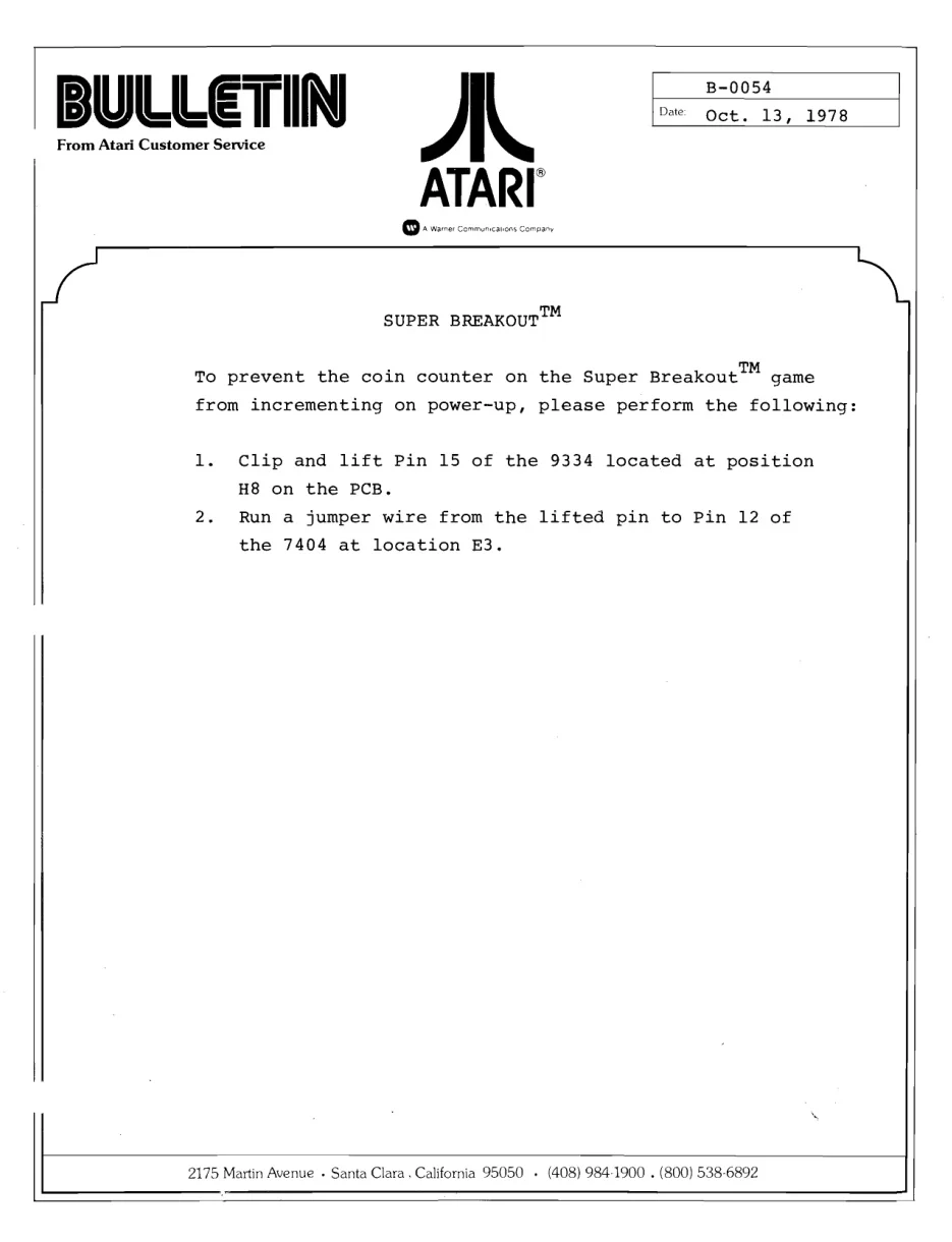 super breakout b-0054 service bulletin|atari|games|.webp