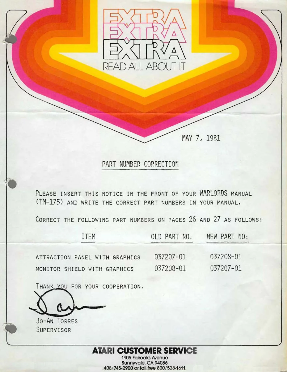 warlords part number correction service bulletin|atari|games|.webp